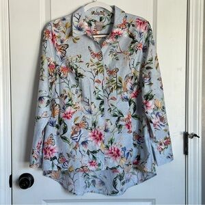 Chico's Blue Floral Button Down Top Wrinkle Resistant Size Large
